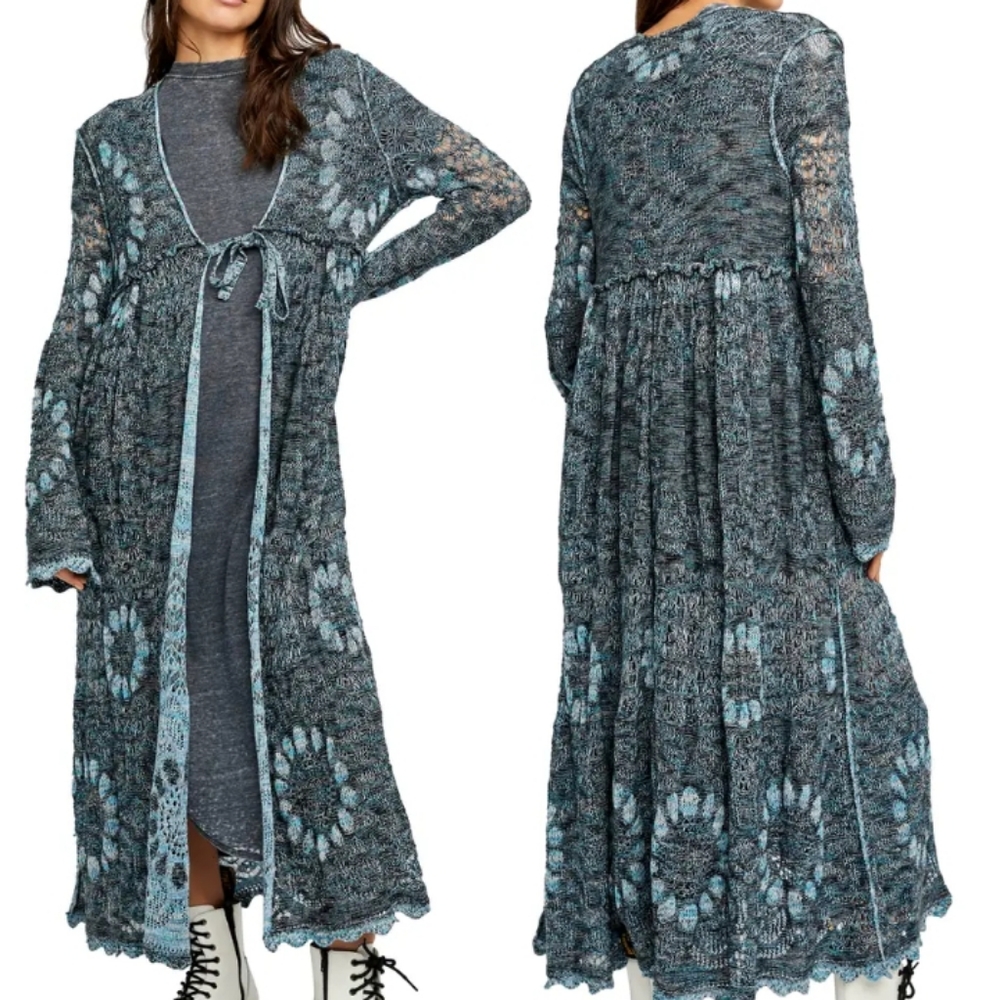 Free People Sea Spirit Maxi Cardi Knit Lace Deep Sea Color Tie Front S And M NWT